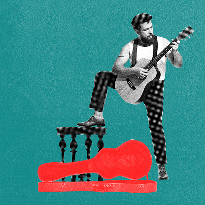 Monochrome image of man playing guitar on cyan background. Retro style. Contemporary art collage. Concept of art, music, festival, concert, performance, show, creativity