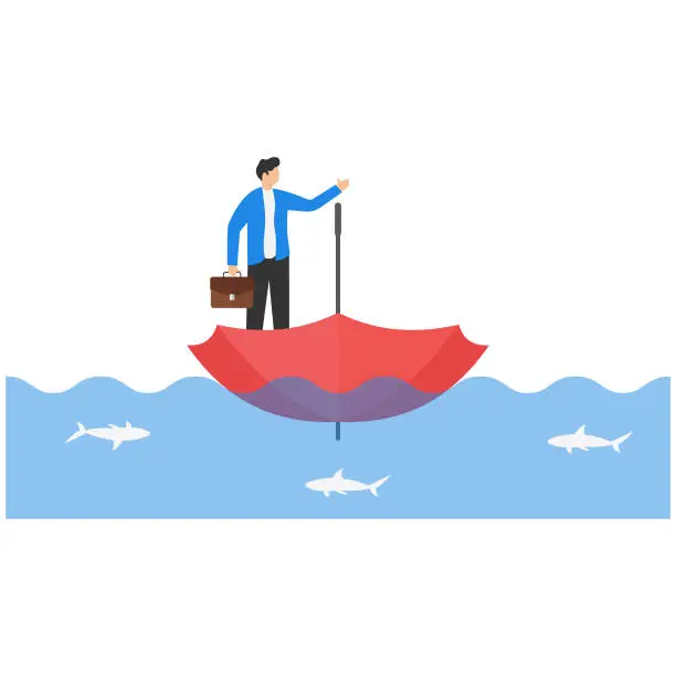 Vector illustration of Businessman on umbrellar boat. Concept business vector, Sea, Water, Ship.