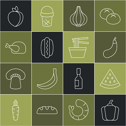 Set line Bell pepper Watermelon Eggplant Garlic Hotdog Roasted turkey or chicken Plum fruit and Asian noodles in bowl icon. Vector.