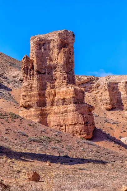 Photo of The huge Charyn Canyon in the desert of Kazakhstan. Cloudless blue sky. A huge yellow protruding rock in the center of the frame. Without people. Landscape Wildlife in all its glory