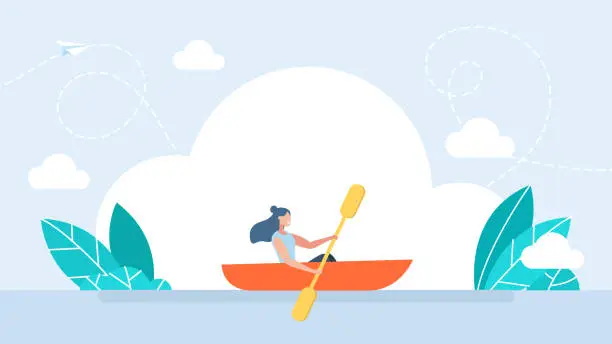 Vector illustration of Happy active woman rafting on kayak or canoe along river. Businesswoman with boat and adventure rowing. Concept water sports, kayaking, activity, rafting, canoe. Vector cartoon illustration