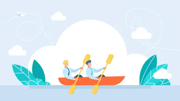 Vector illustration of People rowing with paddles in kayak. Men rafting in sports boat with oars in river. Kayaking or Rafting Sport Competition. Sportsmen Rowing in Kayak. Extreme water activity. Vector illustration