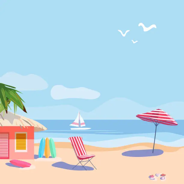 Vector illustration of Summer poster with bungalow and palm tree on the seashore. Surfboards, sun lounger and beach umbrella. Shells on the sand. Template for poster, web page, text or banner. Flat vector