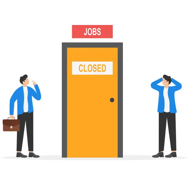 Vector illustration of People talking about business closure. Team fired from job due economy crisis