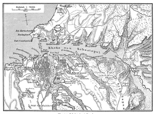 ilustrações de stock, clip art, desenhos animados e ícones de plan of sevastopol and surrounding areas - 1855