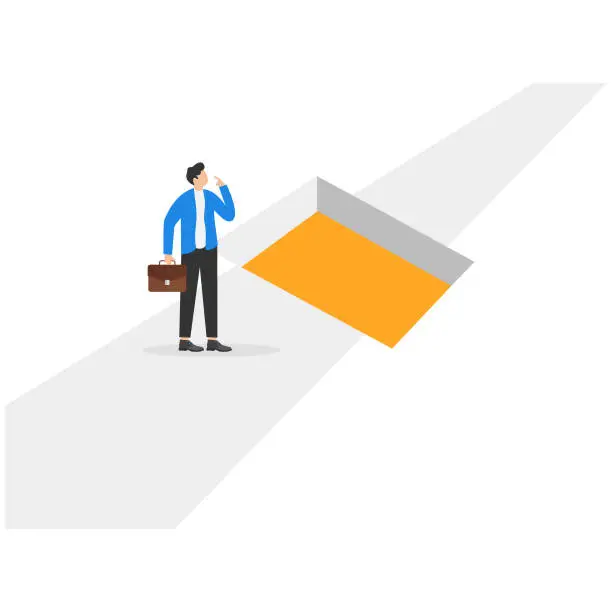 Vector illustration of Businessman standing by a shaped hole in the road. Concept business illustration. Vector business abstract.