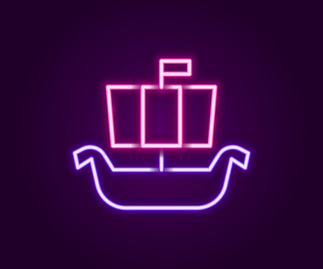 Glowing neon line Ancient viking scandinavian drakkar icon isolated on black background. Viking transport ship. Colorful outline concept. Vector.