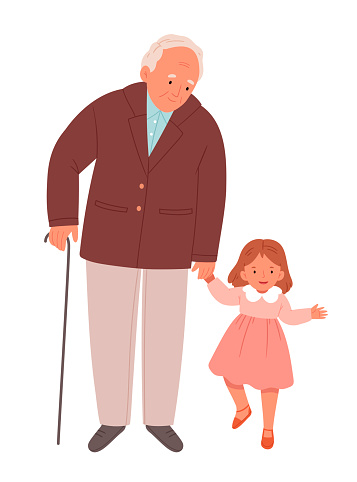 Cute little girl holding his grandfathers hand while walking