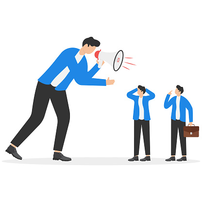 Manager screaming on the megaphone on a man colleague. Reproach with businessmen. Concept business illustration. Vector flat