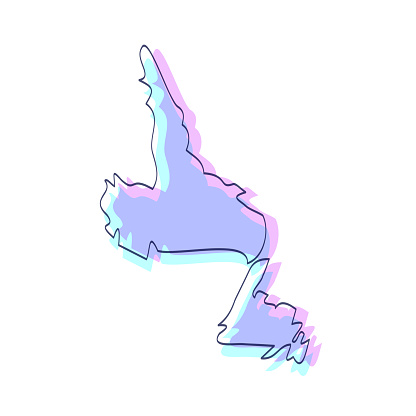 Map of Newfoundland and Labrador sketched and isolated on a white background. The map is purple with a black outline. Pink and blue are overlapped to create a modern visual effect, looking like anaglyph image. The combination of pink and blue in this illustration creates a predominantly purple map. Vector Illustration (EPS file, well layered and grouped). Easy to edit, manipulate, resize or colorize. Vector and Jpeg file of different sizes.