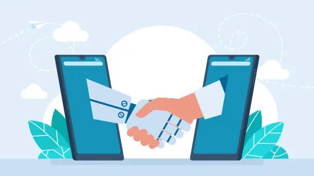 Vector illustration of Ai robot and man shaking hands. Partnership between Businessman, humanoid robots. Handshaking. Online collaboration between human, artificial intelligence. Man chatting with bot. Vector illustration