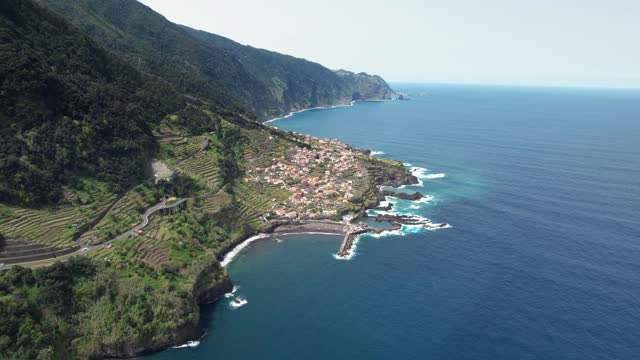 Madeira Véu da Noiva aerial view establishing north coast of Madeira island mountain landscape