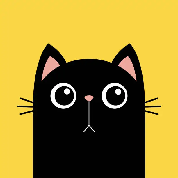 Vector illustration of Black sad cat head face silhouette icon. Cute cartoon funny baby character. Kitten with big eyes. Pink ears, nose. Funny kawaii animal. Pet collection. Sticker print. Flat design. Yellow background.