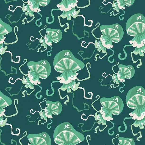 Vector illustration of Vector print with a seamless pattern of a green jellyfish on a dark background. Jellyfish swim in different directions. Design of vector illustrations for fashionable fabrics, textile graphics, prints