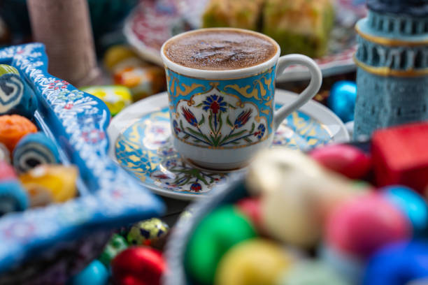 Turkish Coffee in the Colorful Ramadan Eid Candy and Chocolate, Traditional Ottoman Cuisine Desserts Photo, Üsküdar Istanbul, Turkiye (Turkey)