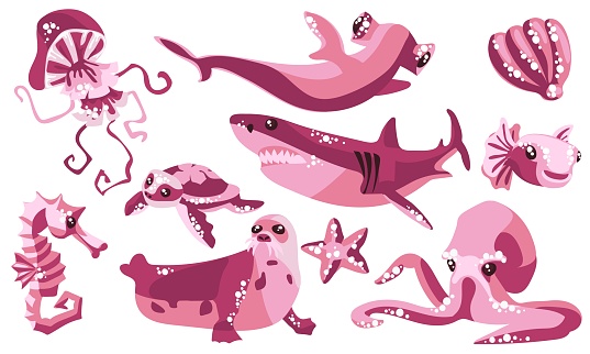 A set with sea animals. Cute abstract animals in pink tones swim in isolation on a white background. Collection of stickers on the theme of marine animals. Shark, octopus, turtle, seahorse, seal, etc.