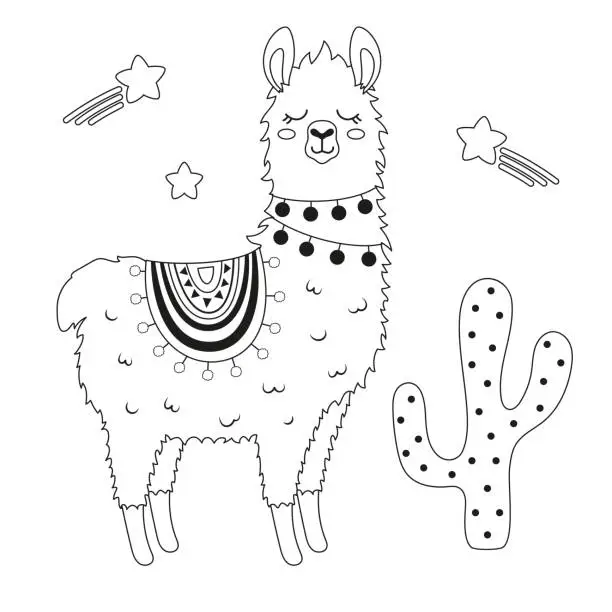 Vector illustration of outline card with cute llama character