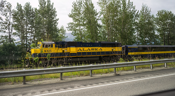 Seward, Alaska - Aug 14 2024: Alaska Railroad (ARR). Passenger train takes passengers towards Seward on Kenai Peninsula.
