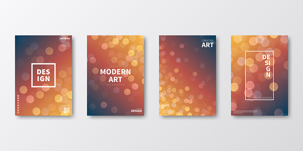 Set of four vertical brochure templates with modern and trendy backgrounds, isolated on blank background. Abstract illustrations with defocused lights and a bokeh effect. Beautiful color gradient (colors used: Yellow, Orange, Red, Brown, Blue, Black ). Can be used for different designs, such as brochure, cover design, magazine, business annual report, flyer, leaflet, presentations... Template for your own design, with space for your text. The layers are named to facilitate your customization. Vector Illustration (EPS file, well layered and grouped). Easy to edit, manipulate, resize or colorize. Vector and Jpeg file of different sizes.