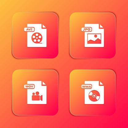 Set AVI file document, JPG, MOV and WMA icon. Vector.