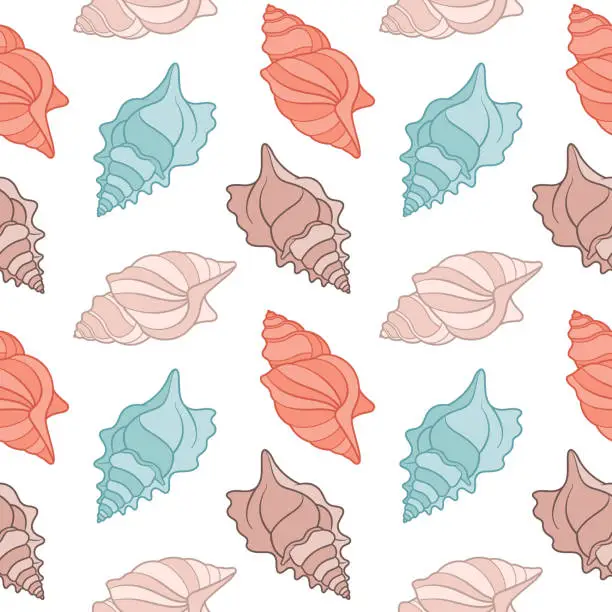Vector illustration of Seamless pattern of sea shells. Seashells of pastel colors on a white background.