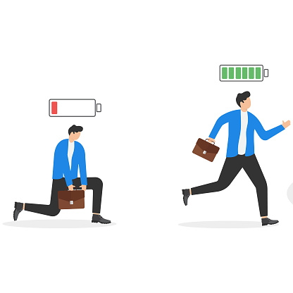 Business person with full energy and tired. Concept business powerful vector illustration, Charge and uncharged battery
