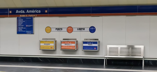 Madrid - Spain - March 12, 2024. Recycling bins at Madrid Avenida America metro station.