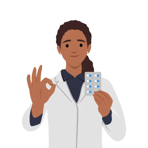 Vector illustration of Doctor with medication. woman holding pills showing ok sign.