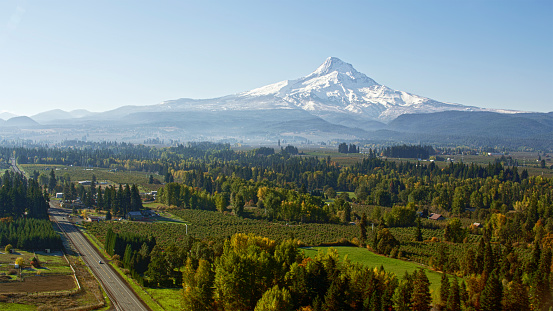 Aerial view of  beautiful town in Hood River County with view of Mt. Hood in the distance at Oregon, USA.
