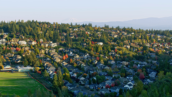 Aerial view of a nice neighbourhood on a slight hills in Oregon on a sunny late afternoon, Oregon, USA.