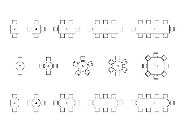 Set of plan for arranging place seats for guest in interior, layout graphic outline elements. Chairs and tables icons in scheme architectural plan. Office and home furniture, top view. Vector line Set of plan for arranging place seats for guest in interior, layout graphic outline elements. Chairs and tables icons in scheme architectural plan. Office and home furniture, top view. Vector illustration restaurant table layout stock illustrations