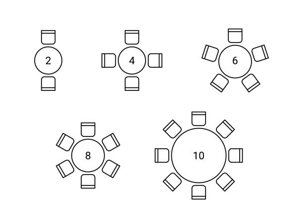 Set of plan for arranging place seats for guest in interior, layout graphic outline elements. Chairs and tables icons in scheme architectural plan. Office and home furniture, top view. Vector line Set of plan for arranging place seats for guest in interior, layout graphic outline elements. Chairs and tables icons in scheme architectural plan. Office and home furniture, top view. Vector illustration restaurant table layout stock illustrations