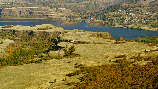 Aerial view of approaching Rowena Crest Viewpoint with view of Columbia River Gorge in Oregon, USA.