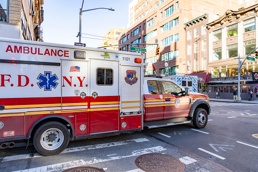 Christopher Street, Greenwich Village, Lower Manhattan, New York, USA - March, 2024.  New York Fire Department Ambulance on Christopher Street in Greenwich Village