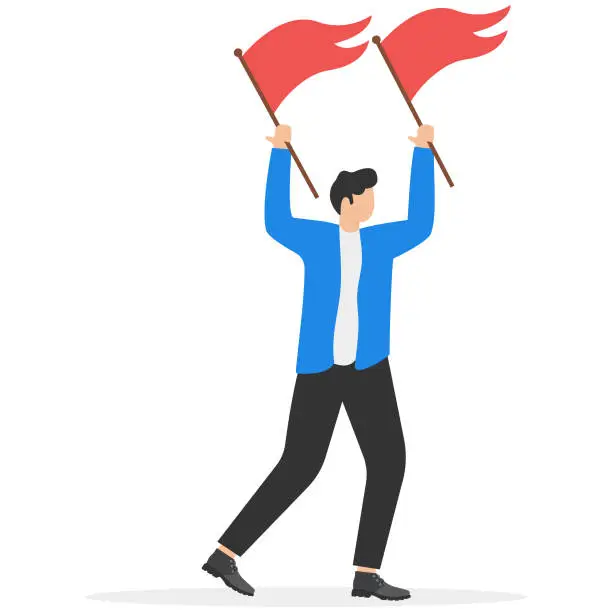 Vector illustration of Businessman waving the flags. Concept business vector illustration. Flat design style.