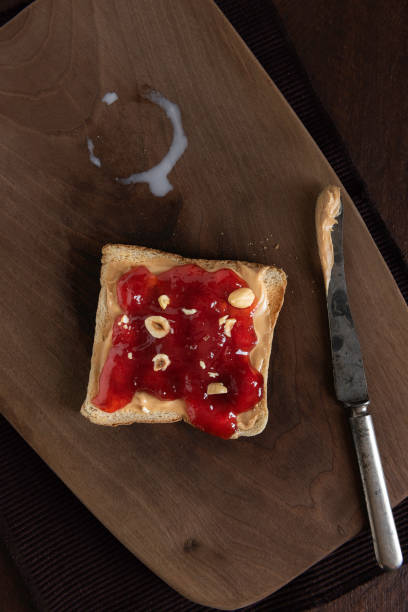 Sliced peanut butter and jelly sandwich closeup