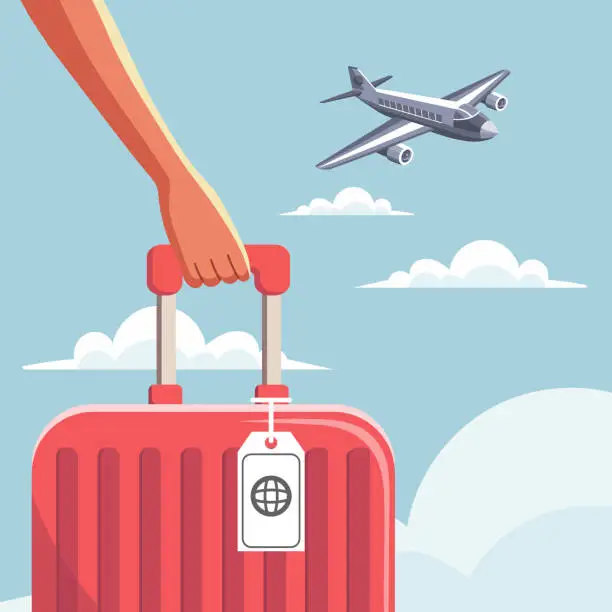 Vector illustration of A womans hand holds a suitcase in her hand close-up and an airplane in the sky. Vacation and travel concept.