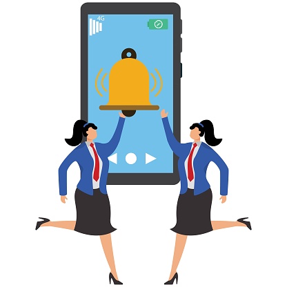 Communication in social networks, network message and email alerts, like and subscriber social media message alerts, businesswoman shaking the bell inside the smartphone
