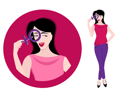 A woman peers through a hole in the symbols of women's rights. Women's rights. Colorful illustration with feminism forms. The best design to show the power of women. Flat vector illustration.