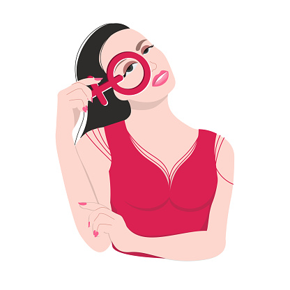 A woman peers through a hole in the symbols of women's rights. Women's rights. Colorful illustration with feminism forms. The best design to show the power of women.
Flat vector illustration.
