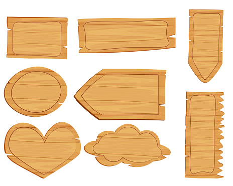 Wooden sign boards vector design of old wood plank signboards and timber panel banners with nails, hanging on ropes and chains. Blank cartoon plaques, billboards, signposts and pointers, on the grass