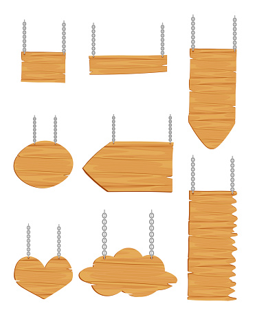 Wooden sign boards vector design of old wood plank signboards and timber panel banners with nails, hanging on ropes and chains. Blank cartoon plaques, billboards, signposts and pointers, on the grass