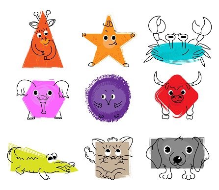 A set of various bright geometric shapes in the form of cute animals. Various geometric shapes. emotions of the face, arms and legs, paws. Various forms. Hand drawn fashion vector illustration for kid