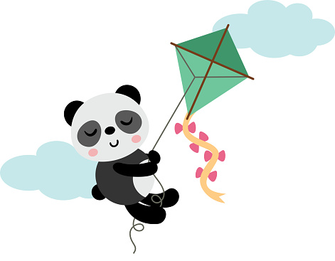 Scalable vectorial representing a cute panda flying with kite, element for design, illustration isolated on white background.