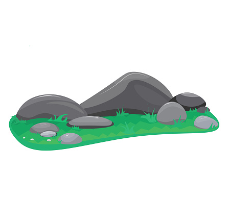 Decorative stones with grass for garden or park landscape design on white background vector flat illustration.