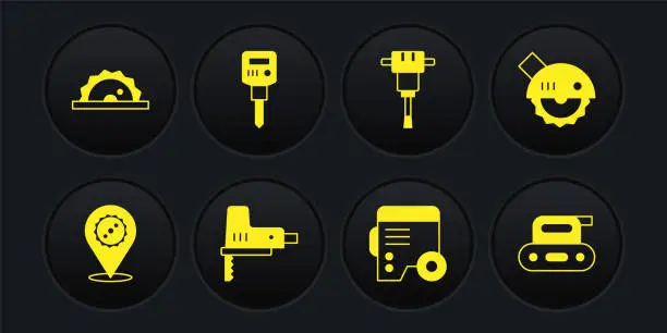 Vector illustration of Set Circular saw blade, Electric circular, jigsaw, Power electric generator, Construction jackhammer, planer tool and icon. Vector