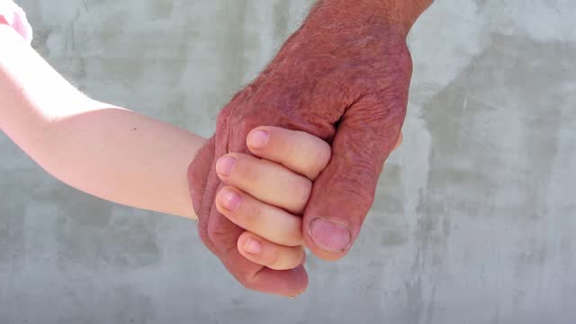 Senior Man And A Child Holding Hands Outdoors
