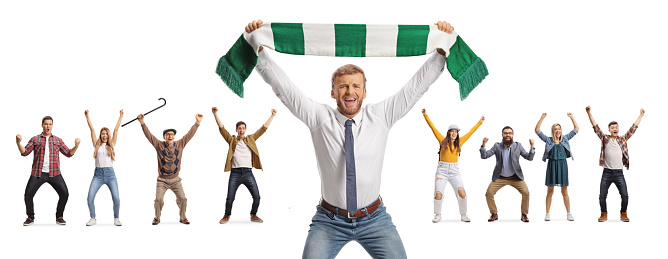 Man cheering with a scarf together with other happy people isolated on white background