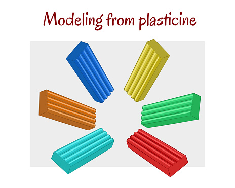 Kids modeling clay, colorful plasticine set. Art process, creative workshop. Hand drawn illustration in modern cartoon flat style. Plasticine bricks and clay pieces.