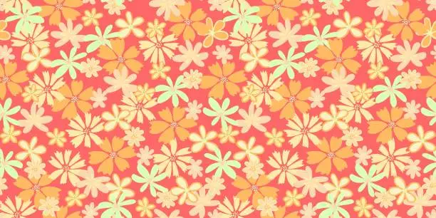 Vector illustration of Abstract creative groovy flowers seamless pattern on a red background. Vector hand drawn sketch shapes cute ditsy meadow floral printing. Template for designs, notebook cover, childish textiles